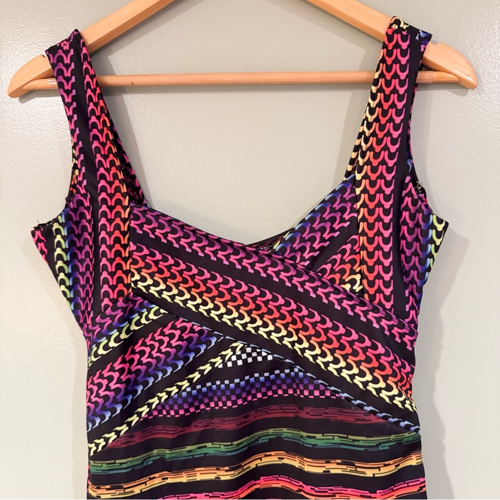 Vintage Y2K Rainbow Geometric Body-con Dress Hippie Fest Women S Club Sexy 90s - Picture 3 of 16